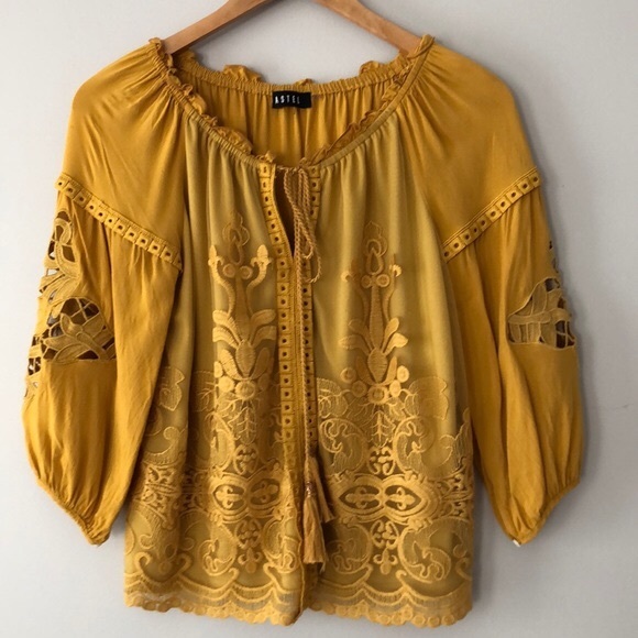 Pastel Tops - Boho Crochet Lace Embroidery Golden Yellow 3/4 Sleeve top Small